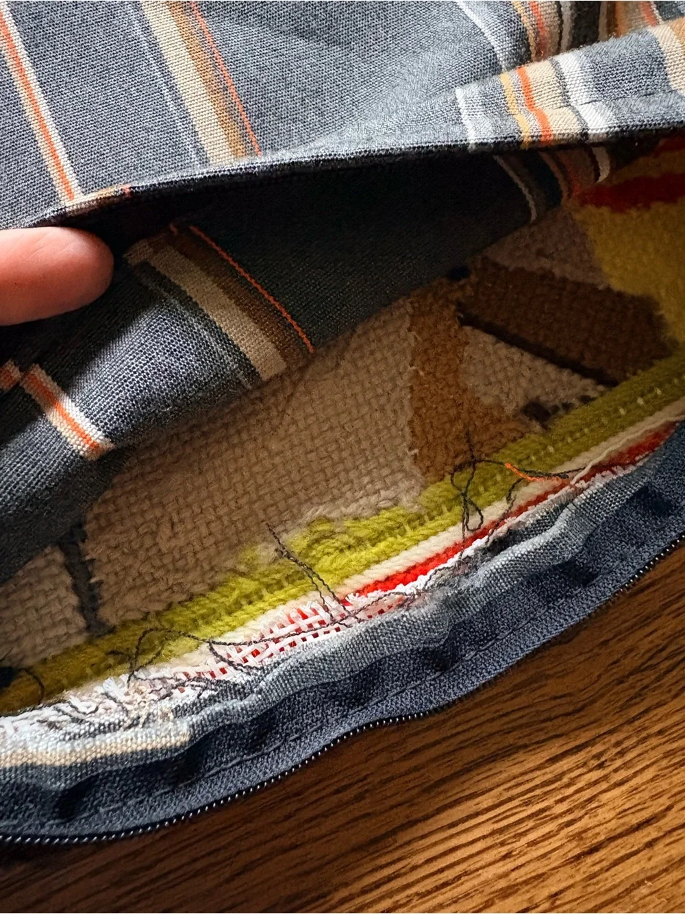 Custom Needlepoint pillow covers with cording, zippers & striped fabric backing